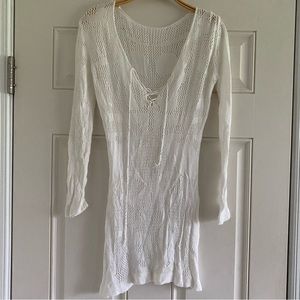 Vintage Y2K Sunny Crochet Cover Up Dress Top Lace Up Tie White Beachy Bohemian